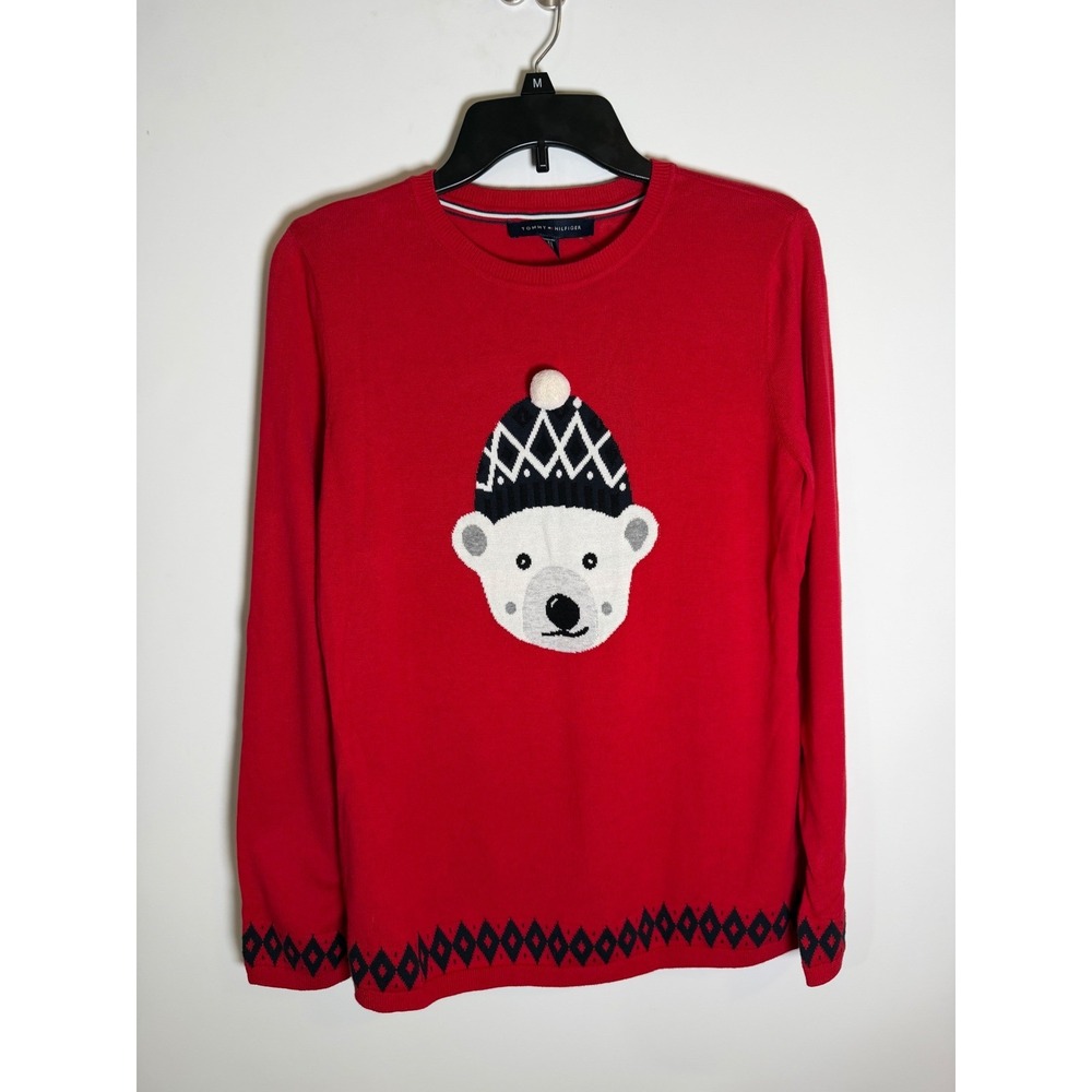 Tommy Hilfiger Polar Bear Holiday Sweater Red Cotton Crewneck M